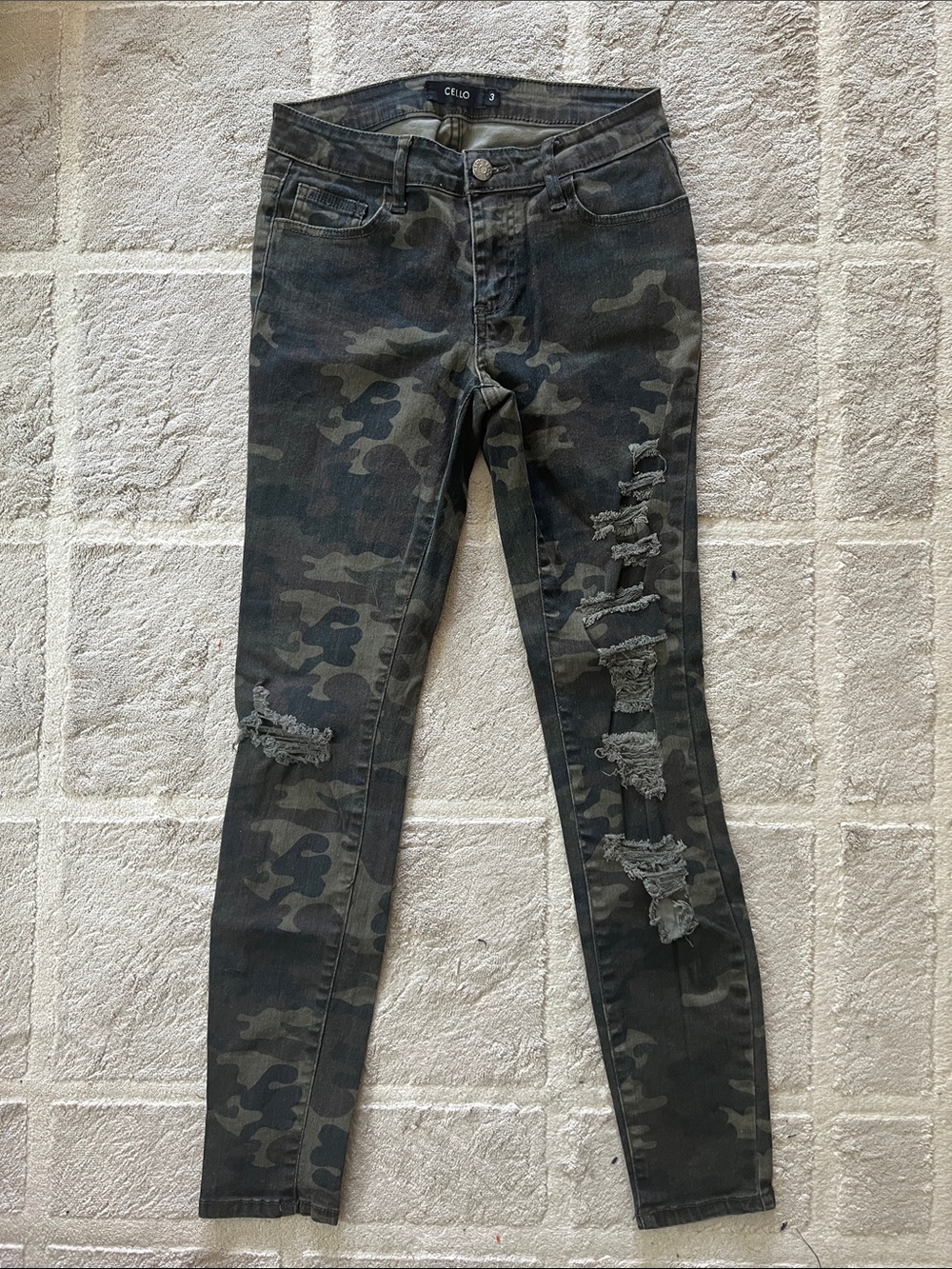 Cello Olive Green Camo Distressed Skinny Jeans